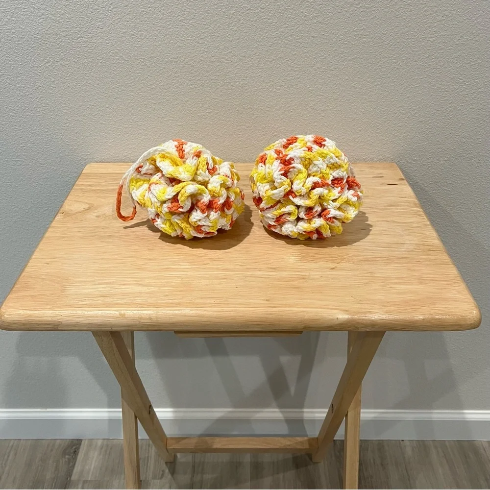 Set of 2 Crochet Yellow/Orange/White Eco-Friendly Bath Loofahs with Hanging Loop